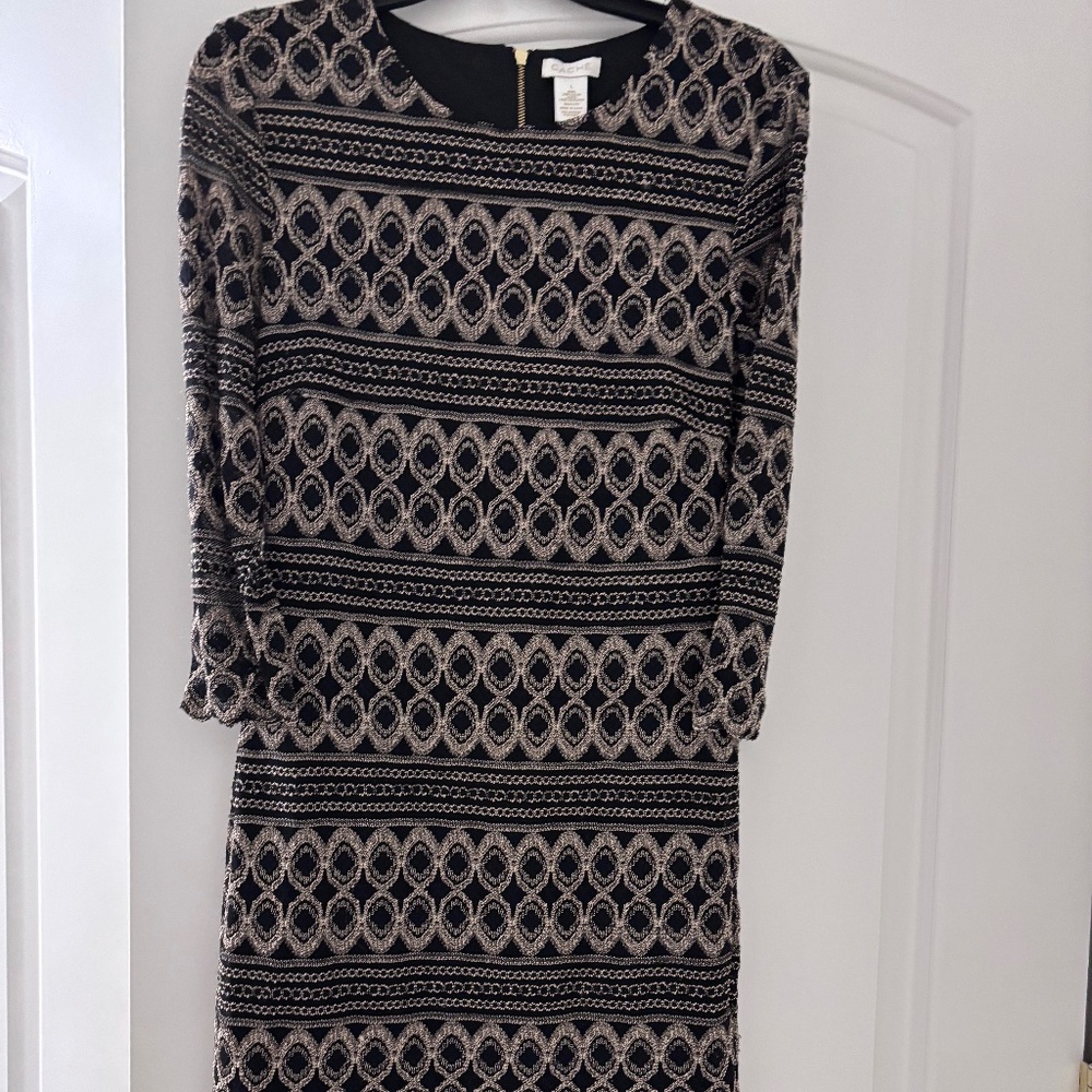 Cache Lace Dress in size Large black and gold with scalloped edge hem